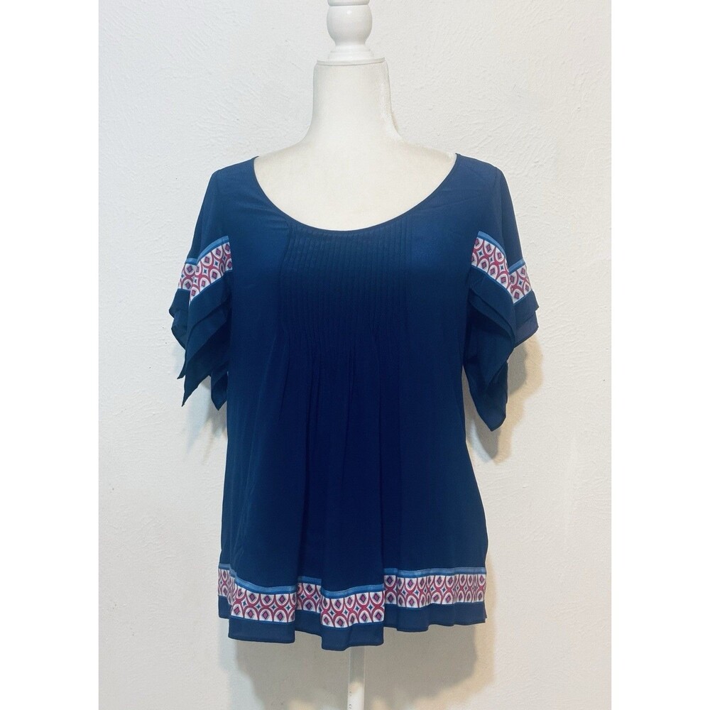 Banana Republic Women XS Blue Silk Pleated Flutter - Sleeve Tunic Blouse Career